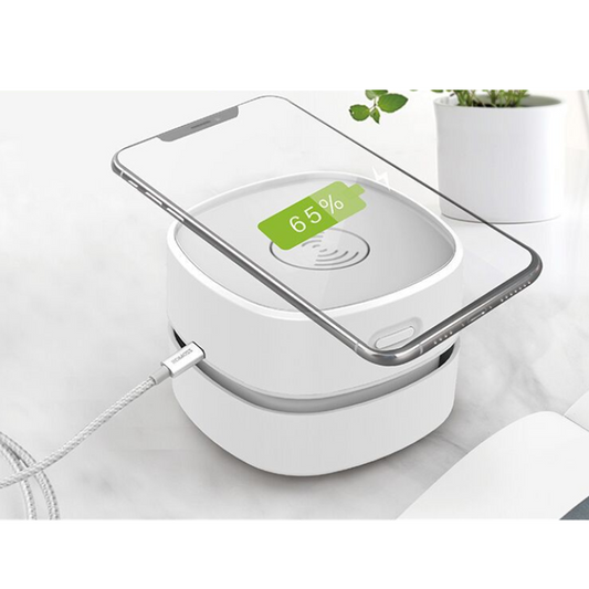 Desk Vacuum Cleaner - Mini Vacuum Cleaner - Table Vacuum Cleaner - Handheld Vacuum Cleaner - Wireless Charger - 2 in 1 - USB Rechargeable - Portable Vacuum Cleaner - Desk Accessories - Gadget - Keyboard Cleaner - Compact - Phone Charger - White - 1 Piece.