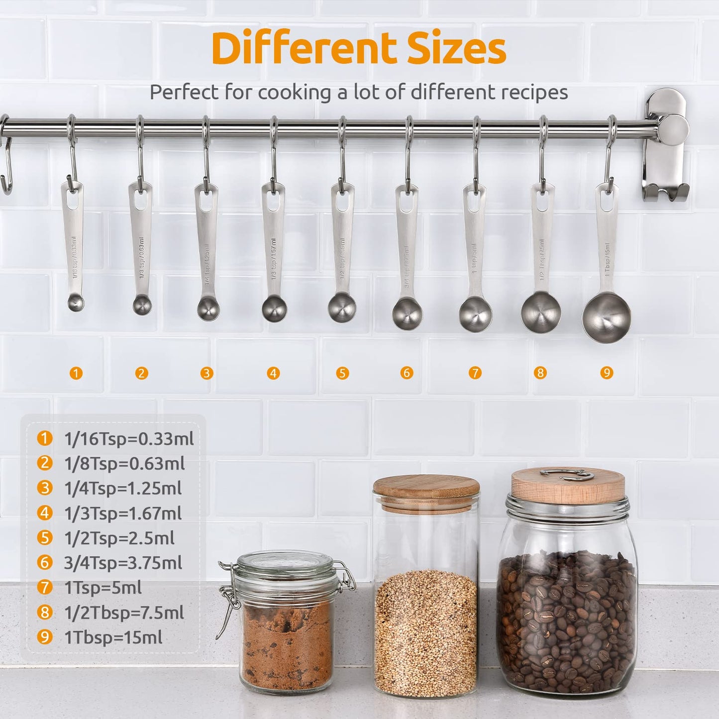 Stainless Steel Measuring Spoons - Measuring Scoop Set - Baking Tools - Kitchen Accessories - Tablespoon and Teaspoon Measure - Coffee Scoop - Stainless Steel - Cookware - Baking Supplies - Dishwasher Safe - Spice Scoops - Silver - 10 Pieces