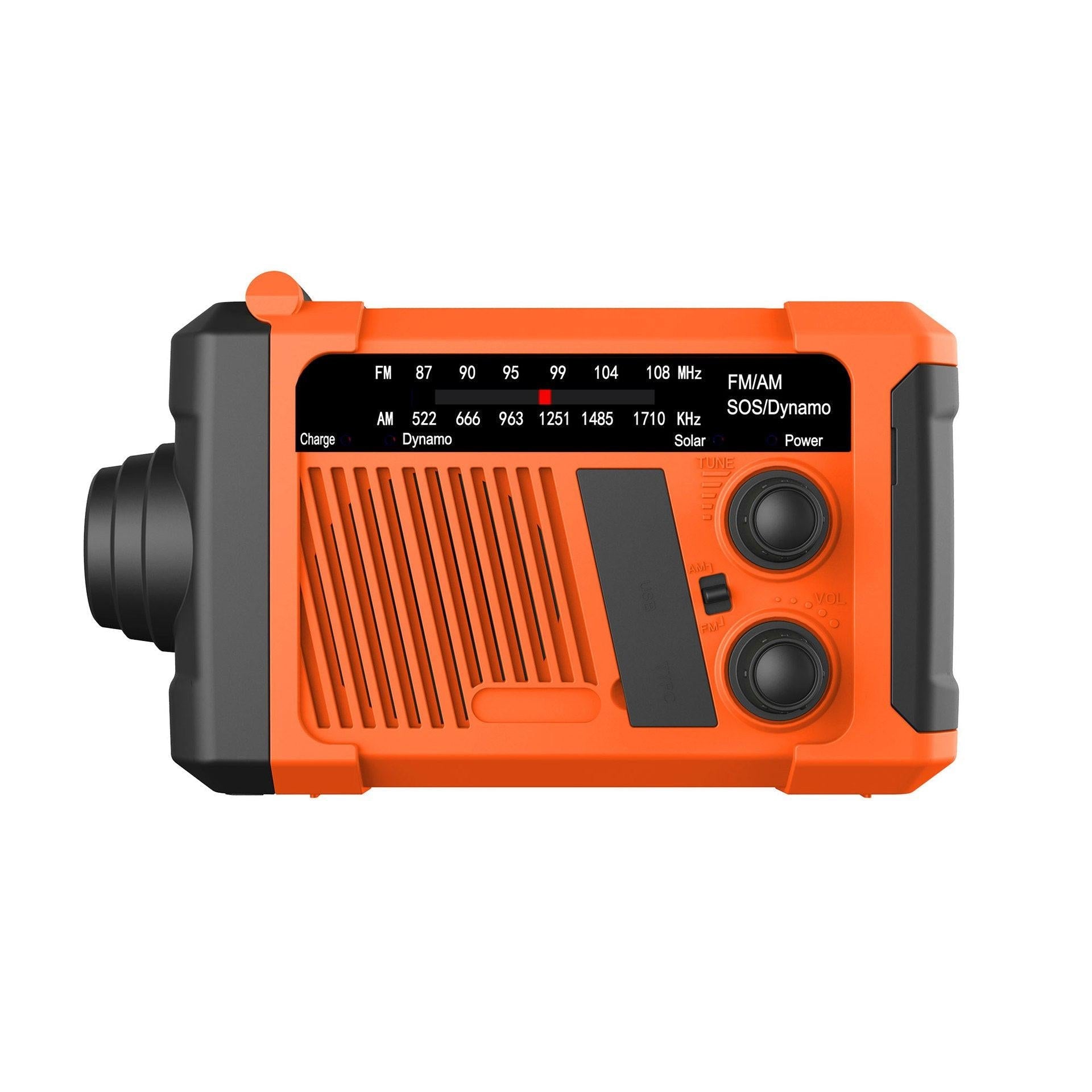 Wind-up Radio - Solar Radio - World Receiver - Portable Radio - Flashlight with Dynamo - Powerbank Function - Camping Radio - Outdoor Gadgets - Rechargeable Flashlight - USB Charger - FM AM Receiver - Hiking - Orange - 1 Piece.