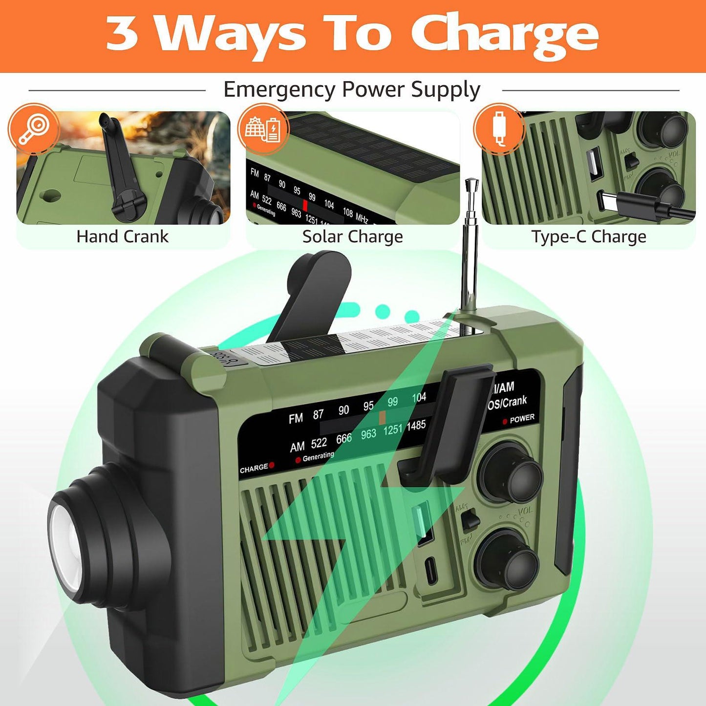 Wind-up Radio - Solar Radio - World Receiver - Portable Radio - Flashlight with Dynamo - Powerbank Function - Camping Radio - Outdoor Gadgets - Rechargeable Flashlight - USB Charger - FM AM Receiver - Hiking - Orange - 1 Piece.