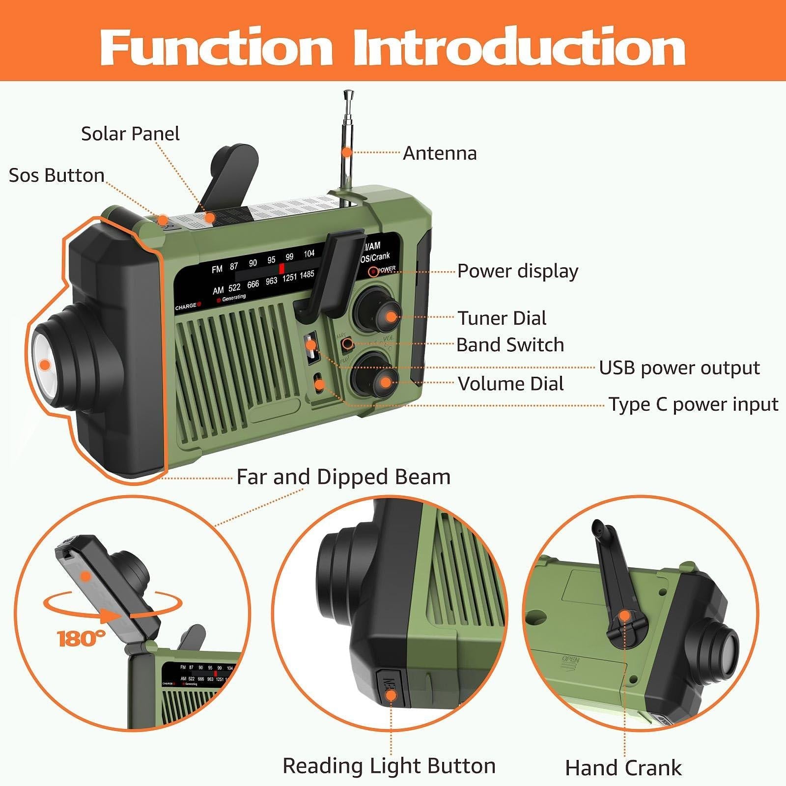 Wind-up Radio - Solar Radio - World Receiver - Portable Radio - Flashlight with Dynamo - Powerbank Function - Camping Radio - Outdoor Gadgets - Rechargeable Flashlight - USB Charger - FM AM Receiver - Hiking - Orange - 1 Piece.