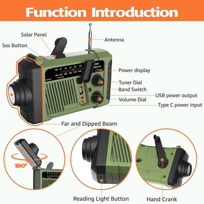Wind-up Radio - Solar Radio - World Receiver - Portable Radio - Flashlight with Dynamo - Powerbank Function - Camping Radio - Outdoor Gadgets - Rechargeable Flashlight - USB Charger - FM AM Receiver - Hiking - Orange - 1 Piece.
