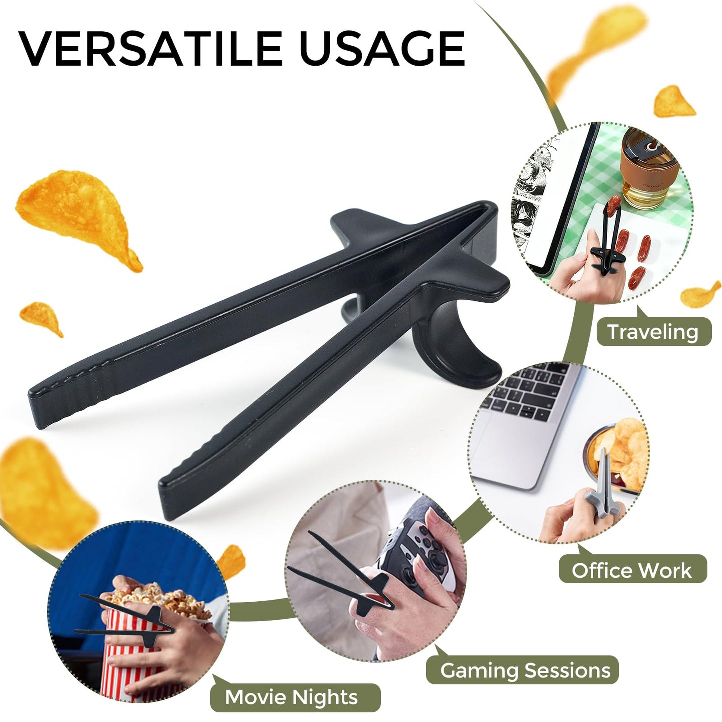 Finger Chopsticks - Gaming Accessories - Snack Sticks - Chip Tongs - Gadgets Men - Gift for Gamer - Computer Accessories - No More Greasy Fingers - Funny Gifts - Snack Tweezers - Reusable - Black White Gray and Pink - 4 Pieces.
