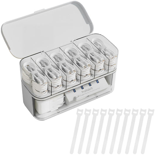 Cable organizer - Charger organizer - Cable box - Desk organizer - Storage box with compartments - Office supplies - Cable management - Electronic accessories - Including 10 pcs Cable ties - Sorting box - Storage tray - White - 1 piece.