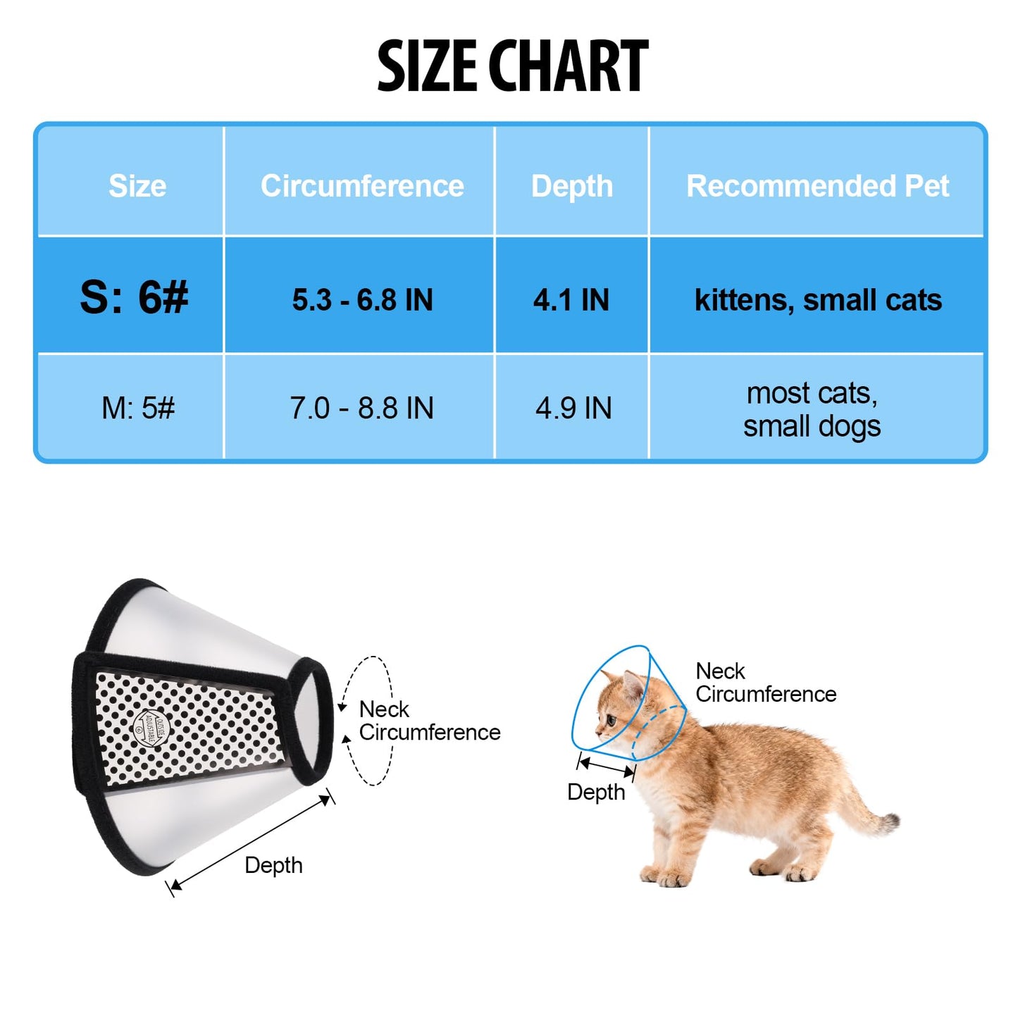 Cat Collar - Dog Cone - Anti-Lick Collar - Anti-Bite - Anti-Scratch - Adjustable - Soft Edge - Comfortable - Lightweight - Velcro Closure - Transparent - Washable - Neck Collar - Training Collar - Kitten - Small Cat - S - 13-16 cm - 1 Piece