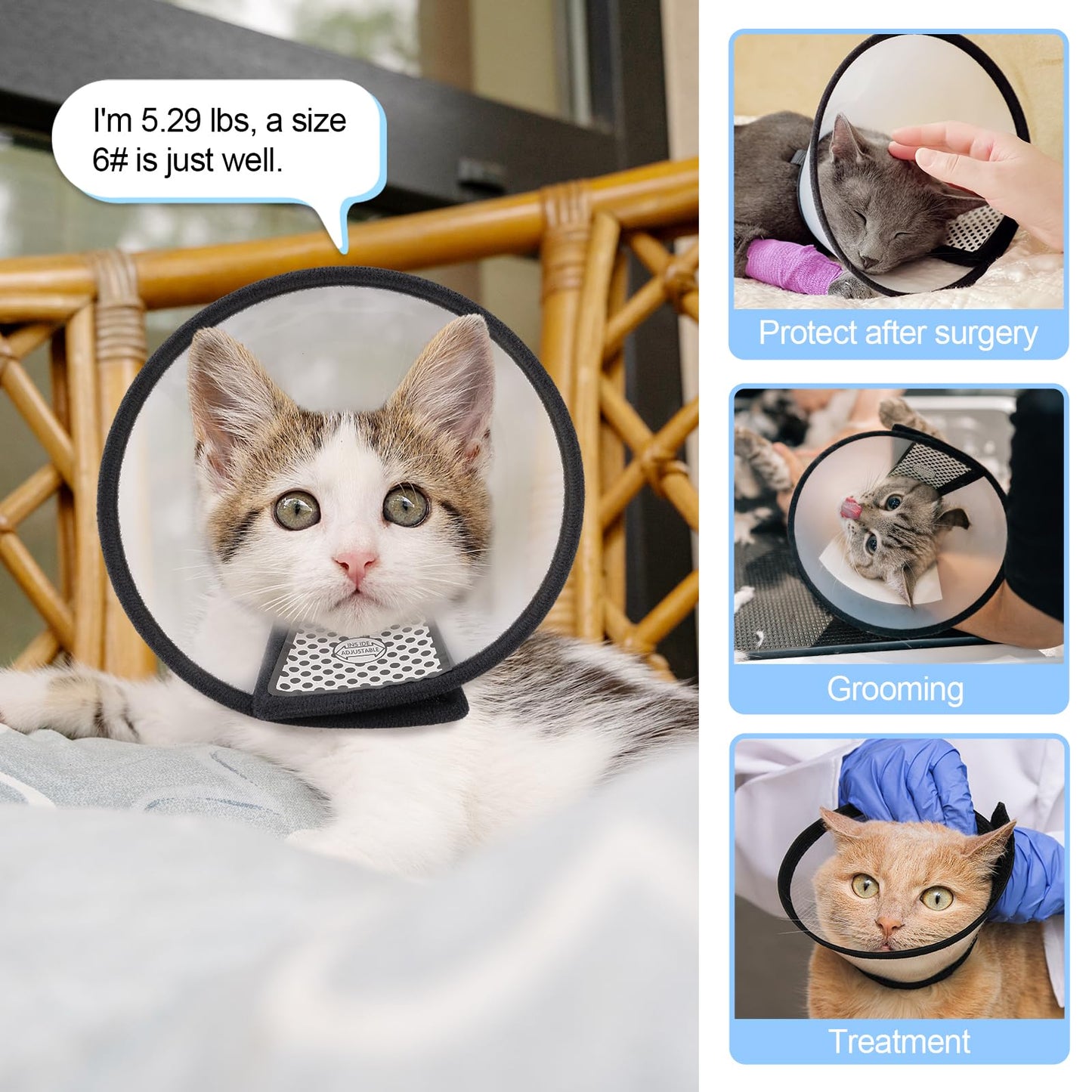 Cat Collar - Dog Cone - Anti-Lick Collar - Anti-Bite - Anti-Scratch - Adjustable - Soft Edge - Comfortable - Lightweight - Velcro Closure - Transparent - Washable - Neck Collar - Training Collar - Kitten - Small Cat - S - 13-16 cm - 1 Piece