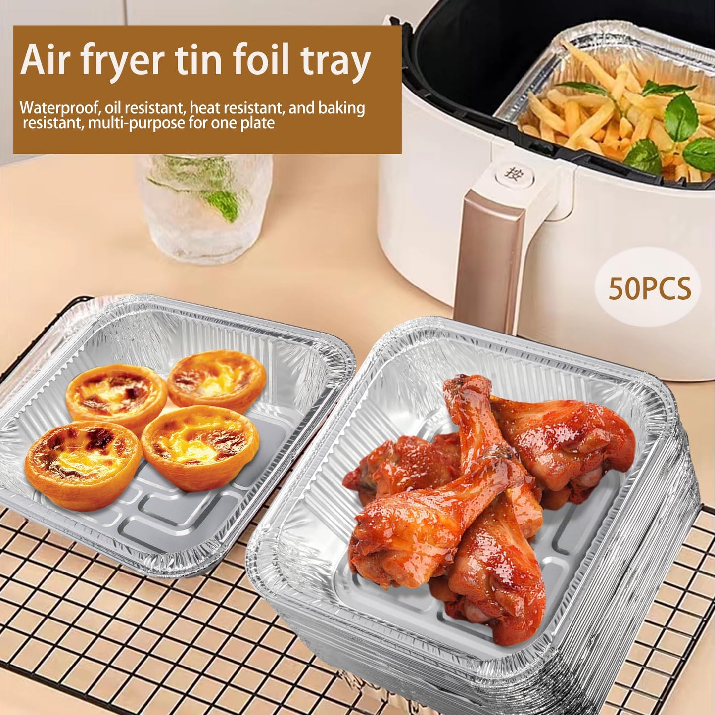 Aluminum Trays - Square Oven Dishes - Air Fryer Trays - Aluminum Bowls - Disposable Trays - BBQ Drip Trays - Grill Accessories - Baking Pans - Heat Resistant - Food Containers - Catering Trays - Meal Prep Trays - Practical - Silver - 50 Pieces