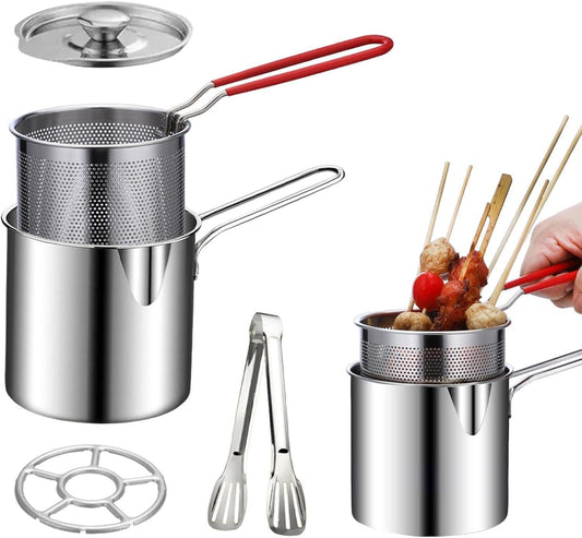 Deep Fryer - Mini Deep Fryer - Stainless Steel Oil Pan - Tempura Pan - Cooking Pan with Frying Basket - French Frying Pan - Induction and Gas - Frying Pan - Deep Fryer with Lid - Kitchen Accessories - Frying Set - Pans - Oil Filter - SautÃ© Pan - Silver -.