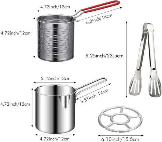 Deep Fryer - Mini Deep Fryer - Stainless Steel Oil Pan - Tempura Pan - Cooking Pan with Frying Basket - French Frying Pan - Induction and Gas - Frying Pan - Deep Fryer with Lid - Kitchen Accessories - Frying Set - Pans - Oil Filter - SautÃ© Pan - Silver -.