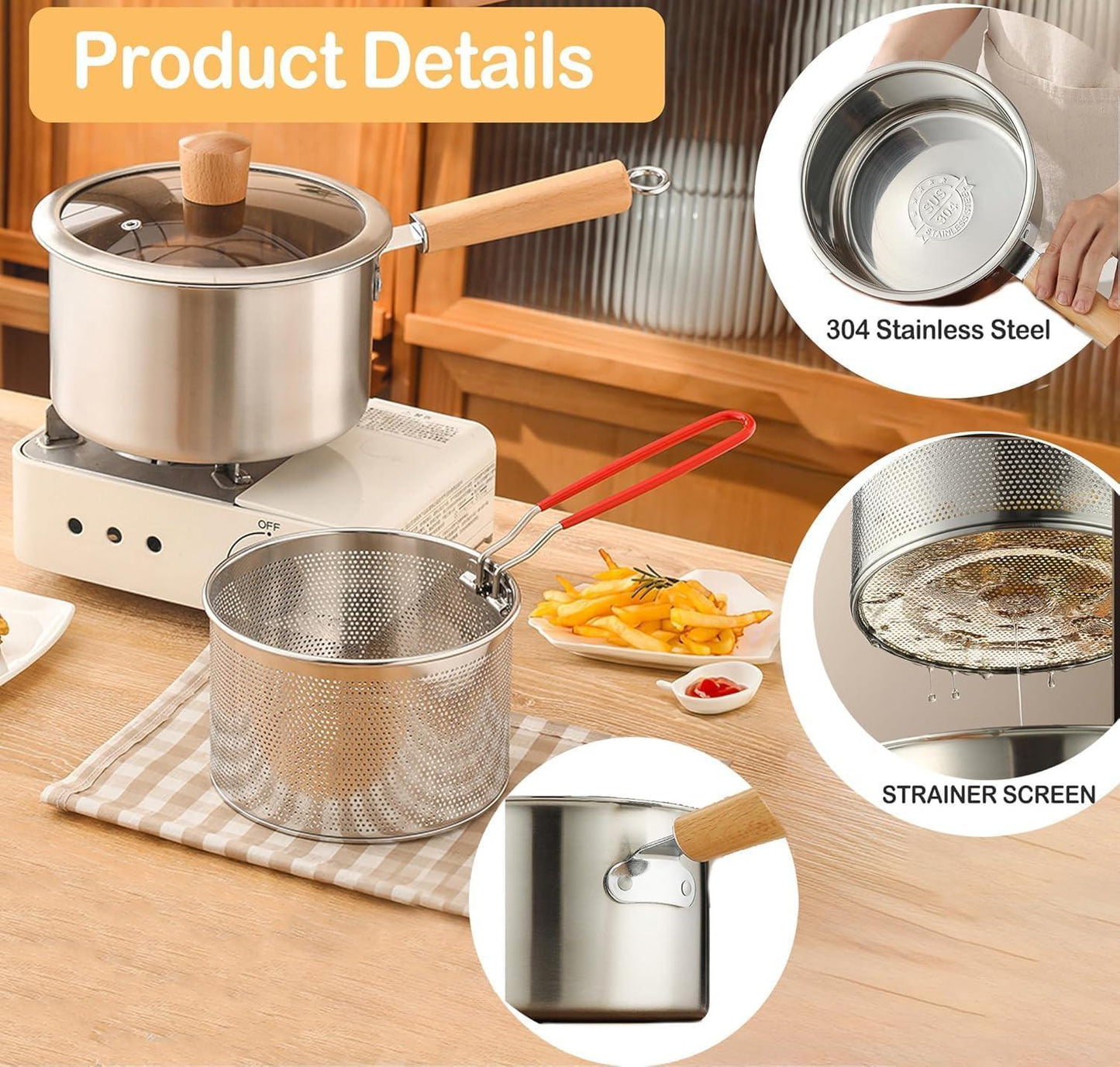 Deep fryer - Deep fryer - Saucepan - Cooking pot - Frying basket - Doughnut pan - Dutch oven - Induction pan - Gas - Electric - Frying set - Kitchen utensils - Kitchen accessories - Including tongs - Stainless steel - Stainless steel - Silver - 1 piece.