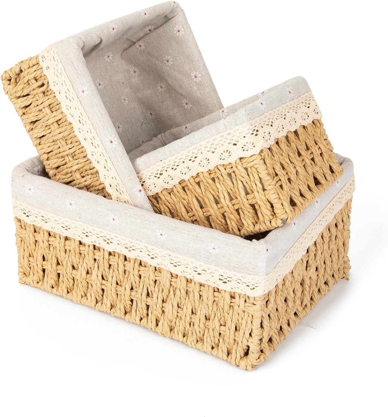 Storage Basket - Basket Set - Wicker Basket - Woven Basket - Cabinet Basket - Bathroom Basket - Storage Box - Drawer Organizer - Living Room - Bedroom - Bathroom Accessories - With Fabric Lining - Floral Print - Country Style - 3 Sizes - Natural - 3 Piece.