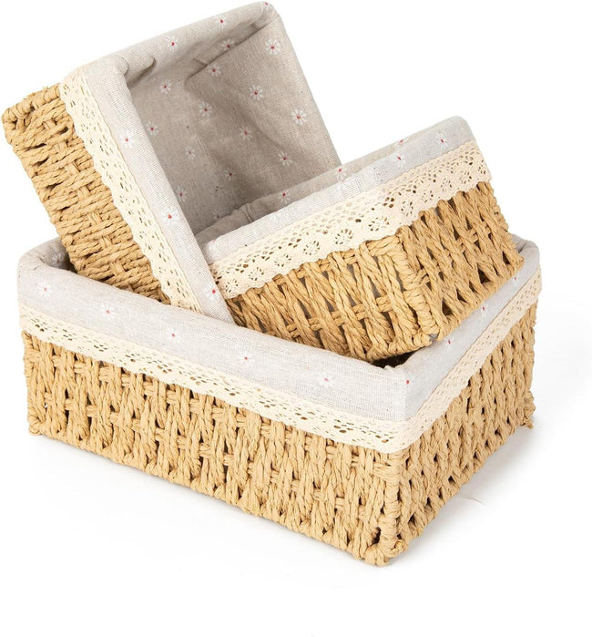 Storage Basket - Basket Set - Wicker Basket - Woven Basket - Cabinet Basket - Bathroom Basket - Storage Box - Drawer Organizer - Living Room - Bedroom - Bathroom Accessories - With Fabric Lining - Floral Print - Country Style - 3 Sizes - Natural - 3 Piece Hover Image