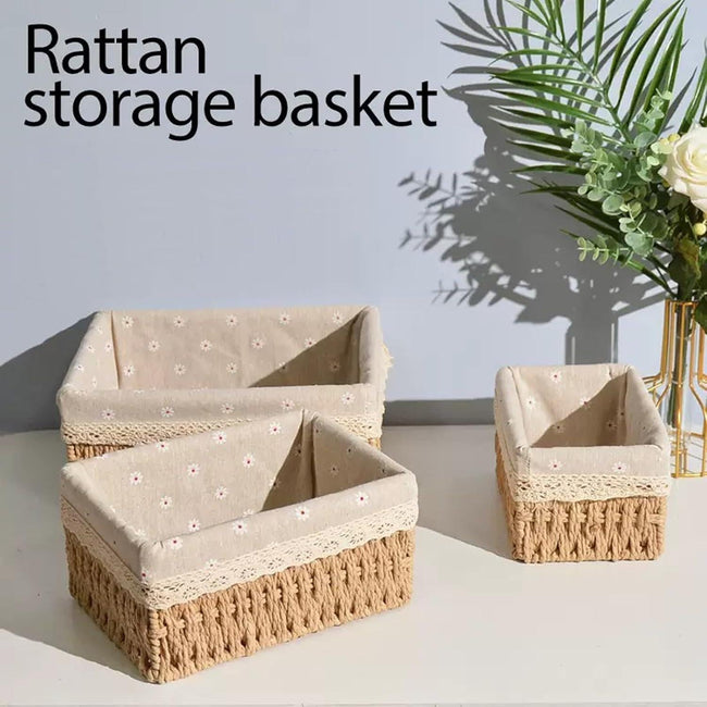 Storage Basket - Basket Set - Wicker Basket - Woven Basket - Cabinet Basket - Bathroom Basket - Storage Box - Drawer Organizer - Living Room - Bedroom - Bathroom Accessories - With Fabric Lining - Floral Print - Country Style - 3 Sizes - Natural - 3 Piece Main Image