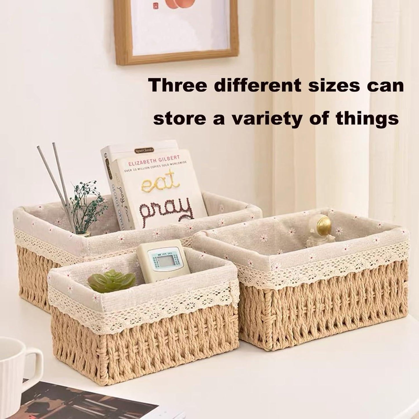 Storage Basket - Basket Set - Wicker Basket - Woven Basket - Cabinet Basket - Bathroom Basket - Storage Box - Drawer Organizer - Living Room - Bedroom - Bathroom Accessories - With Fabric Lining - Floral Print - Country Style - 3 Sizes - Natural - 3 Piece.