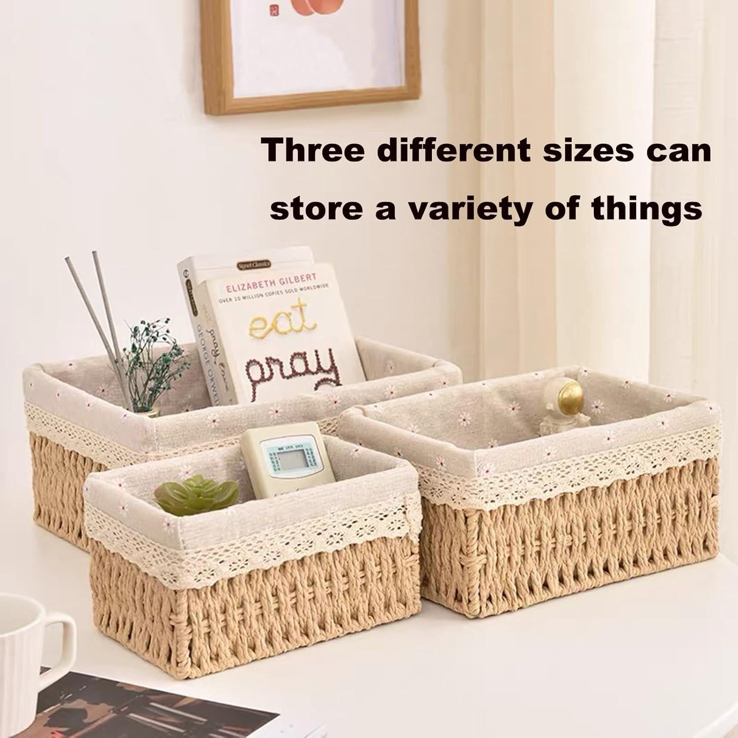Storage Basket - Basket Set - Wicker Basket - Woven Basket - Cabinet Basket - Bathroom Basket - Storage Box - Drawer Organizer - Living Room - Bedroom - Bathroom Accessories - With Fabric Lining - Floral Print - Country Style - 3 Sizes - Natural - 3 Piece.