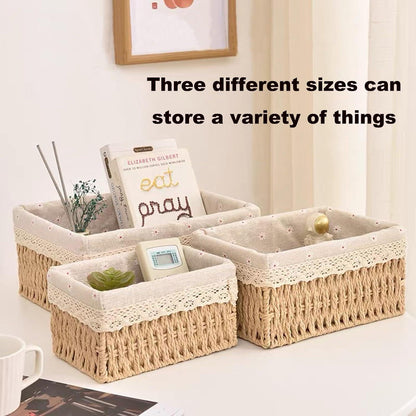 Storage Basket - Basket Set - Wicker Basket - Woven Basket - Cabinet Basket - Bathroom Basket - Storage Box - Drawer Organizer - Living Room - Bedroom - Bathroom Accessories - With Fabric Lining - Floral Print - Country Style - 3 Sizes - Natural - 3 Piece.