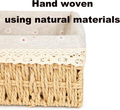 Storage Basket - Basket Set - Wicker Basket - Woven Basket - Cabinet Basket - Bathroom Basket - Storage Box - Drawer Organizer - Living Room - Bedroom - Bathroom Accessories - With Fabric Lining - Floral Print - Country Style - 3 Sizes - Natural - 3 Piece.