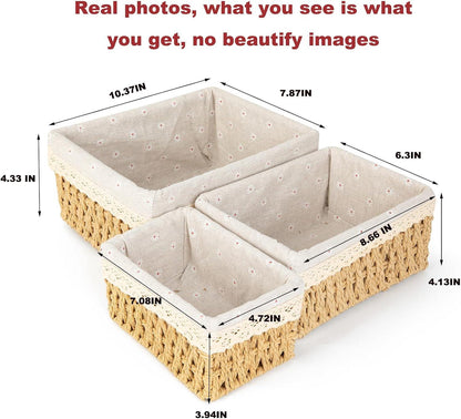 Storage Basket - Basket Set - Wicker Basket - Woven Basket - Cabinet Basket - Bathroom Basket - Storage Box - Drawer Organizer - Living Room - Bedroom - Bathroom Accessories - With Fabric Lining - Floral Print - Country Style - 3 Sizes - Natural - 3 Piece.