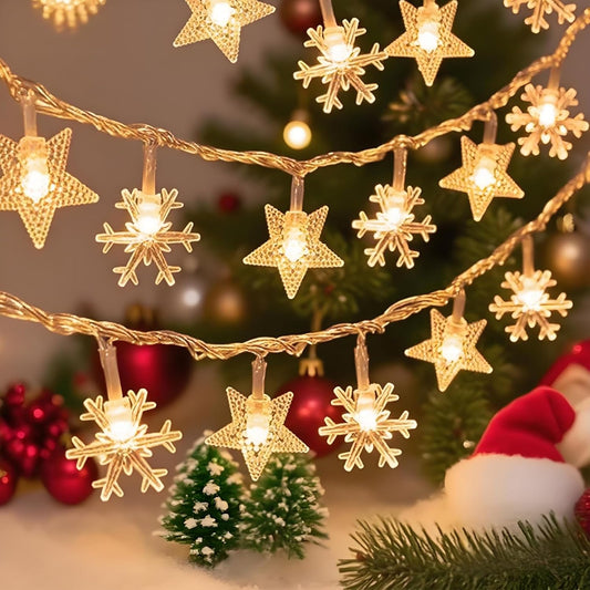 Indoor Christmas Lights - Star and Snowflake Light String - Christmas Decorations - Christmas Lights - Christmas Tree Lights - Living Room Mood Lighting - LED Lights - Window Decoration - Party Lights - Warm White - 1 Piece