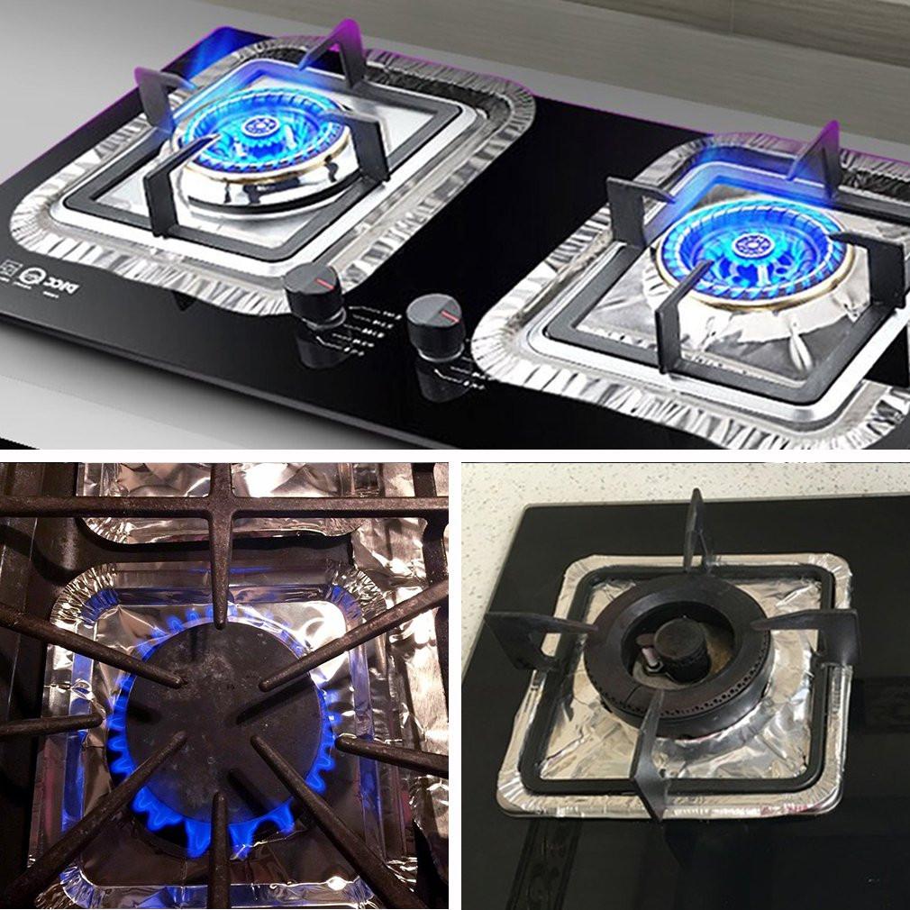 Gas stove protectors - Gas burner protectors - Aluminum foil gas stove - Gas stove foil - Kitchen accessories - Protective film - Extra thick - Universal - Cut to size - Square - Silver - 50 pieces.