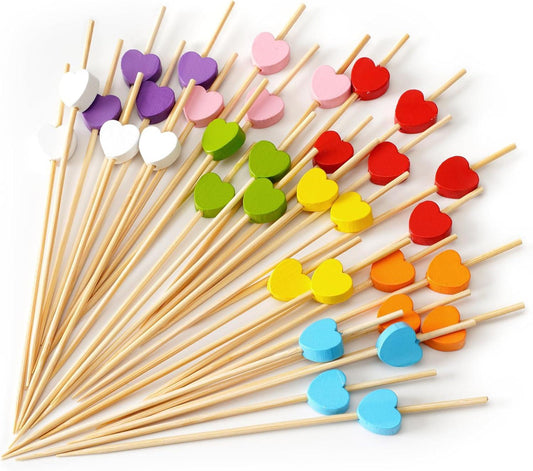 Cocktail sticks - Satay sticks - Tapas sticks - Hearts - Party supplies - Snacks - Birthday - Decoration - Snacks - High Tea - BBQ - Wedding - Treat - Buffet - Cheese sticks - Wood - Bamboo - 12 cm - Multi-colored - 100 Pieces.