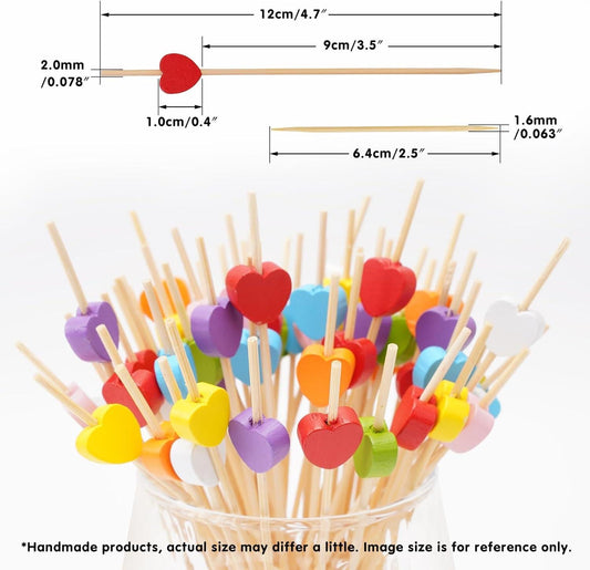 Cocktail sticks - Satay sticks - Tapas sticks - Hearts - Party supplies - Snacks - Birthday - Decoration - Snacks - High Tea - BBQ - Wedding - Treat - Buffet - Cheese sticks - Wood - Bamboo - 12 cm - Multi-colored - 100 Pieces.