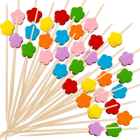 Cocktail sticks - Satay sticks - Tapas sticks - Flowers - Party supplies - Snacks - Birthday - Decoration - Snacks - High Tea - Summer - Garden party - Treat - Fruit sticks - Wood - Bamboo - 12 cm - Multi-colored - 100 Pieces.