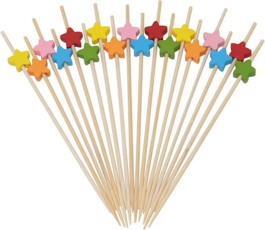 Cocktail sticks - Satay sticks - Tapas sticks - Stars - Party supplies - Snacks - Birthday - Decoration - Snacks - Christmas - New Year's Eve - Children's party - Treat - Buffet - Wood - Bamboo - 12 cm - Multi-colored - 100 Pieces.