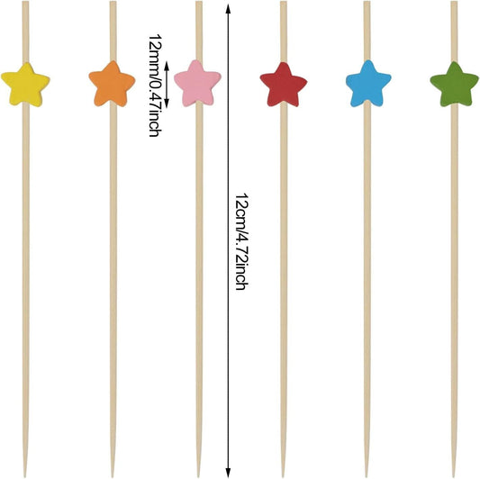 Cocktail sticks - Satay sticks - Tapas sticks - Stars - Party supplies - Snacks - Birthday - Decoration - Snacks - Christmas - New Year's Eve - Children's party - Treat - Buffet - Wood - Bamboo - 12 cm - Multi-colored - 100 Pieces.