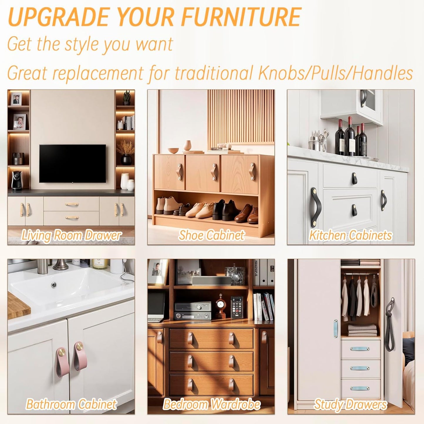 Leather Handles - Furniture Handles - Kitchen Handles - Door Handles - Cabinet Handles - Drawer Knobs - Furniture Hardware - Kitchen Hardware - Handles - Leather - Leather - Kitchen Renovation - Scandinavian - Brass - Knobs - Loops - Loop - Beige - Set of