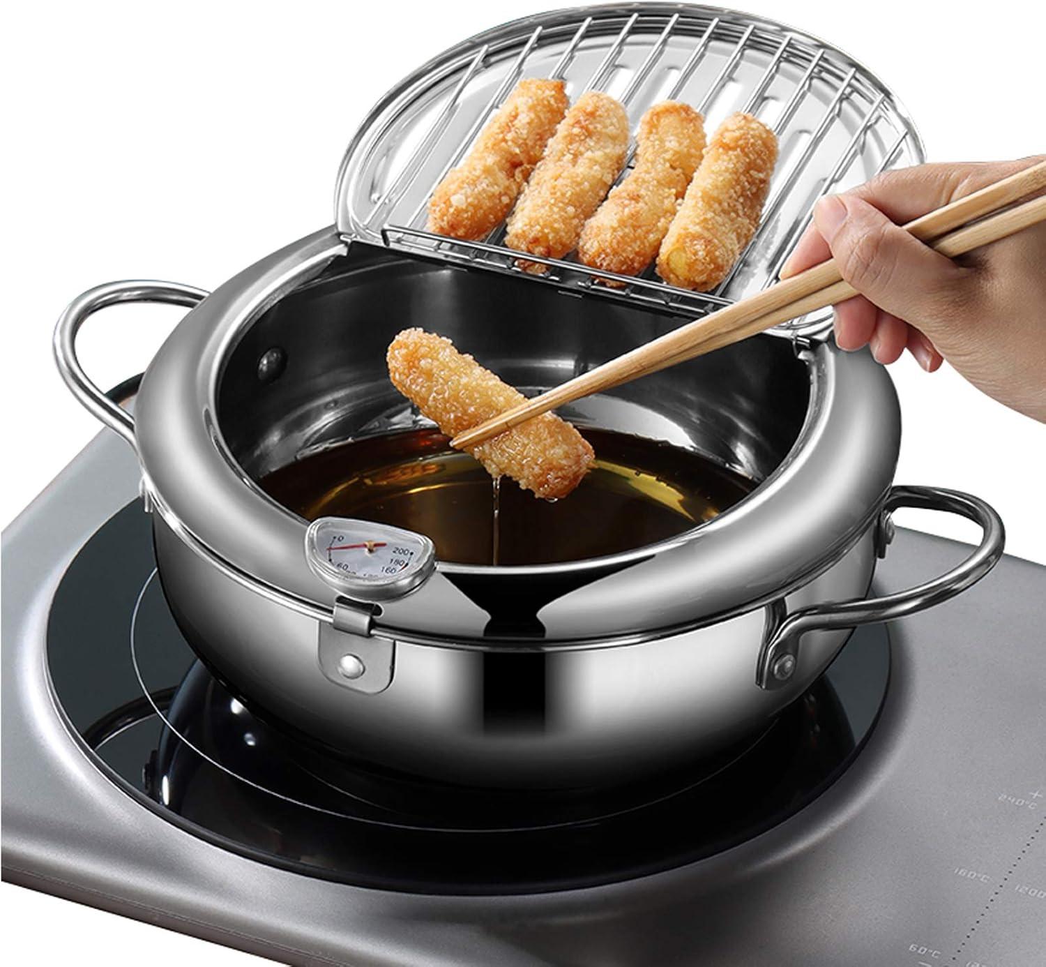 Deep fryer - Tempura pan - 24 cm - Stainless steel pan - Kitchen accessories - Japanese deep fryer - Induction deep fryer - Deep fryer - Cooking pot - Stainless steel pan - Large deep fryer - Kitchen utensils - Household - Silver - 1 piece.
