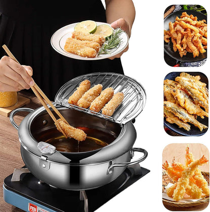 Deep fryer - Tempura pan - 24 cm - Stainless steel pan - Kitchen accessories - Japanese deep fryer - Induction deep fryer - Deep fryer - Cooking pot - Stainless steel pan - Large deep fryer - Kitchen utensils - Household - Silver - 1 piece.
