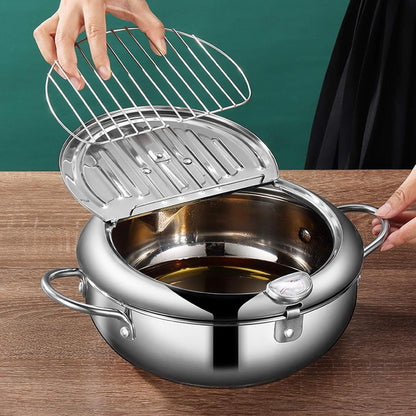Deep fryer - Tempura pan - 24 cm - Stainless steel pan - Kitchen accessories - Japanese deep fryer - Induction deep fryer - Deep fryer - Cooking pot - Stainless steel pan - Large deep fryer - Kitchen utensils - Household - Silver - 1 piece.