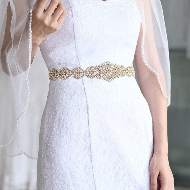 Bridal Belt | Belt | Women's Belt | Wedding Accessories | White Ribbon Organza | Glitter Belt | Gold Main Image