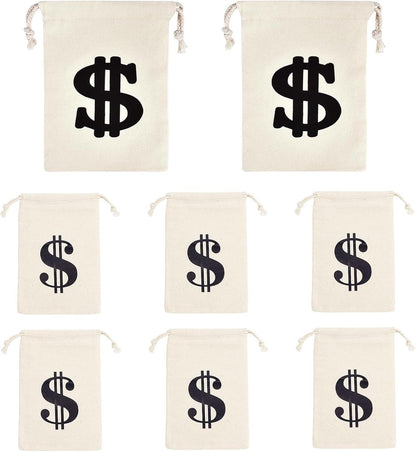 Pack of 8 Fabric Bags - Small Dollar Sign - Drawstring - Coin Pocket - Storage Accessories
