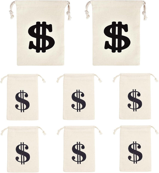 Pack of 8 Fabric Bags - Small Dollar Sign - Drawstring - Coin Pocket - Storage Accessories