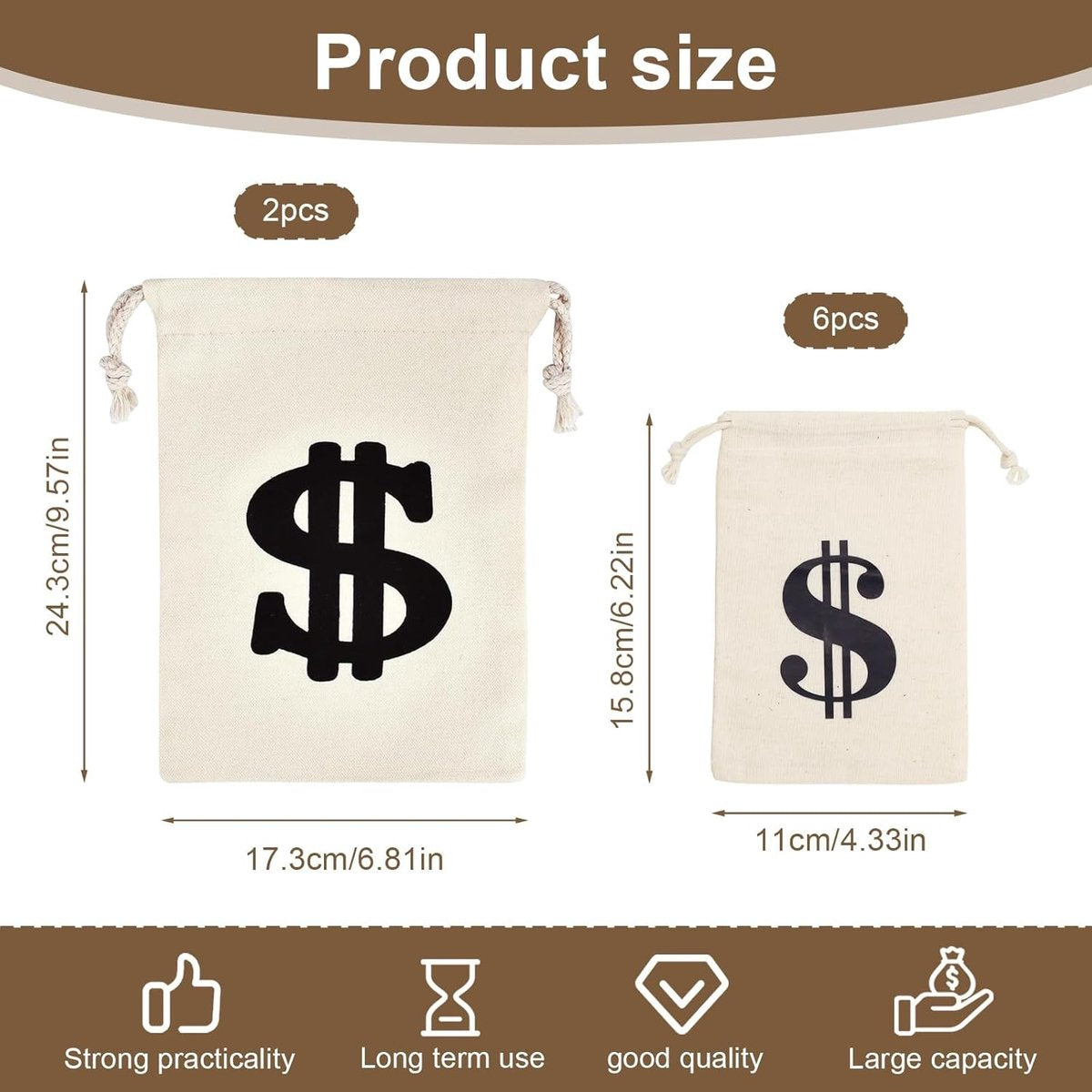 Pack of 8 Fabric Bags - Small Dollar Sign - Drawstring - Coin Pocket - Storage Accessories