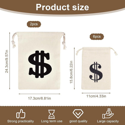 Pack of 8 Fabric Bags - Small Dollar Sign - Drawstring - Coin Pocket - Storage Accessories