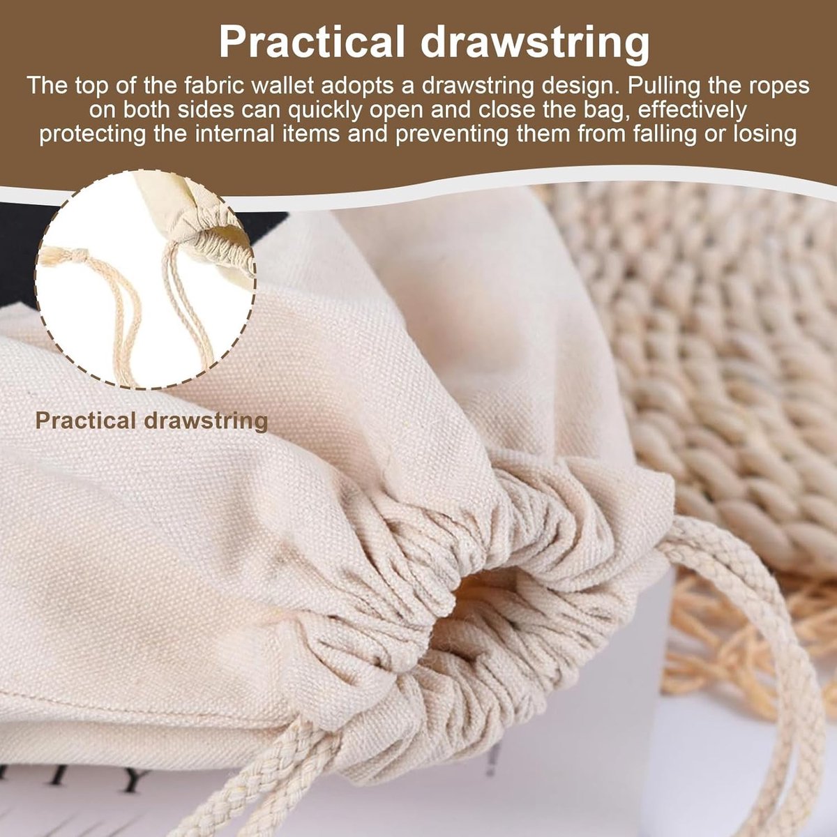 Pack of 8 Fabric Bags - Small Dollar Sign - Drawstring - Coin Pocket - Storage Accessories