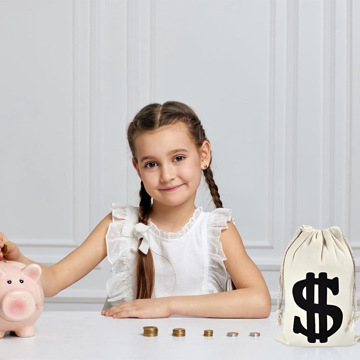 Pack of 8 Fabric Bags - Small Dollar Sign - Drawstring - Coin Pocket - Storage Accessories