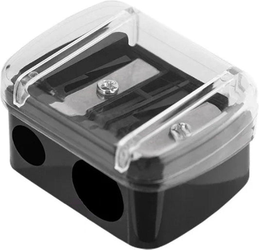 Black 2-hole pencil sharpener - Makeup sharpener with collection tray - plastic.