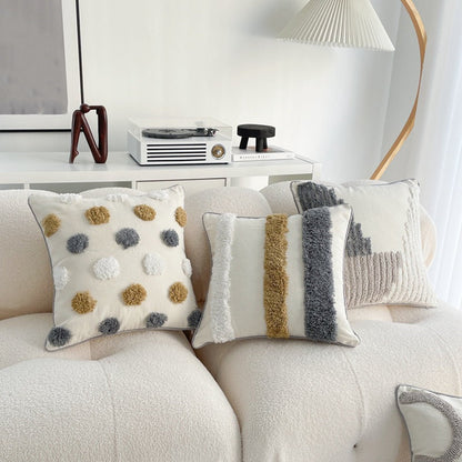 Walbest Boho Throw Pillow with Braided Rope Pattern And Tassels Soft Cotton Linen Textured Cushion for Sofa Bed Office 45x45cm B