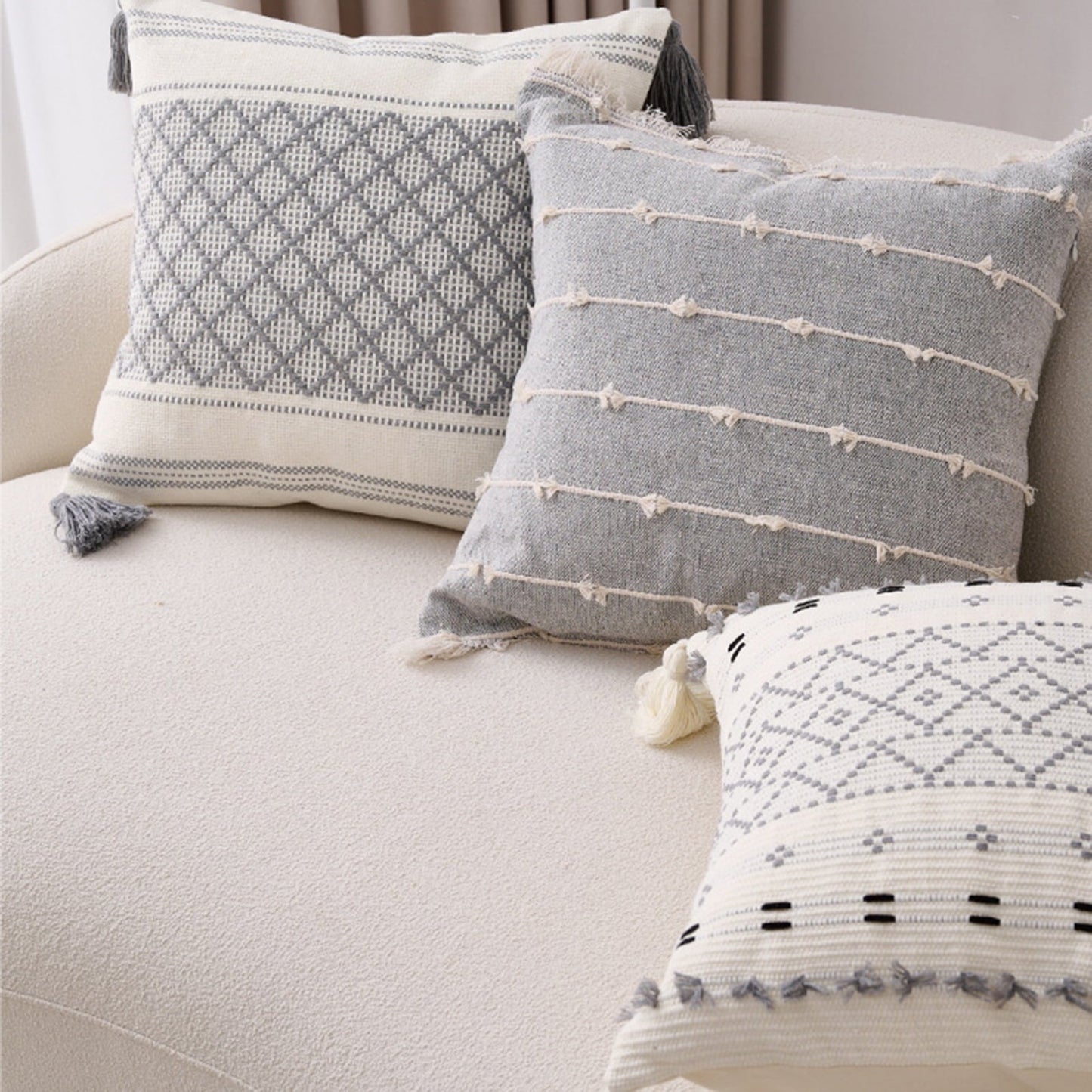 Walbest Boho Throw Pillow with Braided Rope Pattern And Tassels Soft Cotton Linen Textured Cushion for Sofa Bed Office 45x45cm B