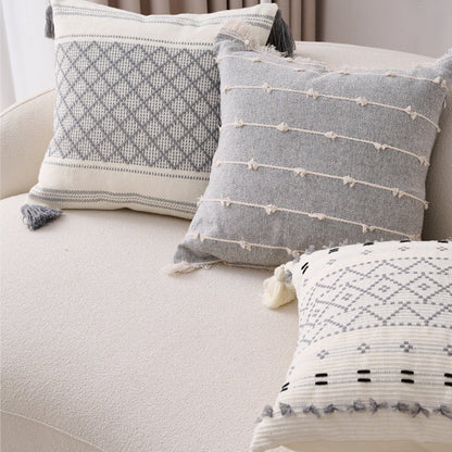 Walbest Boho Throw Pillow with Braided Rope Pattern And Tassels Soft Cotton Linen Textured Cushion for Sofa Bed Office 45x45cm F