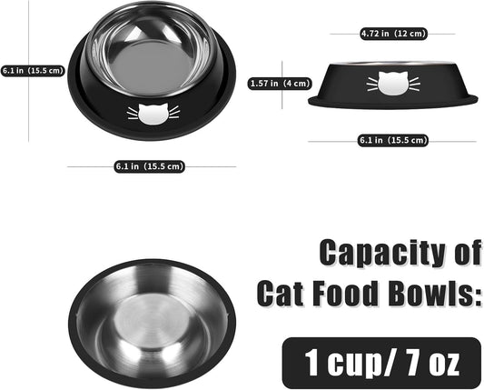 2/3Pcs Cat Bowls Non-Slip Stainless Steel Small Cat Food Bowls Unbreakable Thicken Cat Feeder 7 Oz Cat Dishes Suitable for Indoor Small Pets Removable Rubber Base Easily Clean Lovely Color Silver, Black