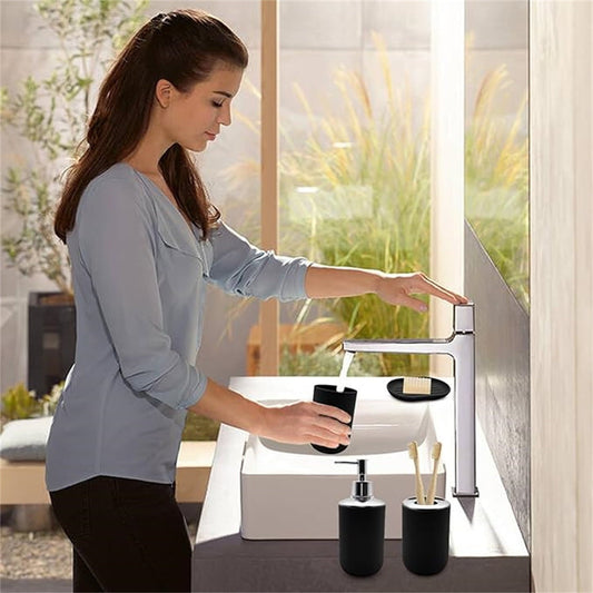 Set 4 Pcs Green Bathroom Accessories,Cute Bathroom Decor,Plastic Soap Dispenser and Toothbrush Holder Set,Soap Dish and Mouthwash Cup Black