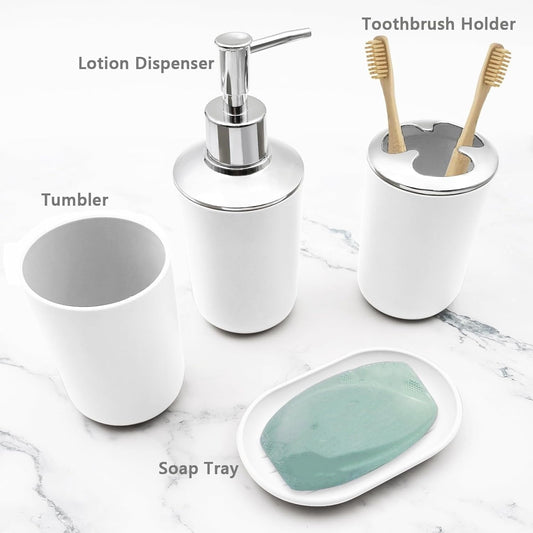 Set 4 Pcs Green Bathroom Accessories,Cute Bathroom Decor,Plastic Soap Dispenser and Toothbrush Holder Set,Soap Dish and Mouthwash Cup White