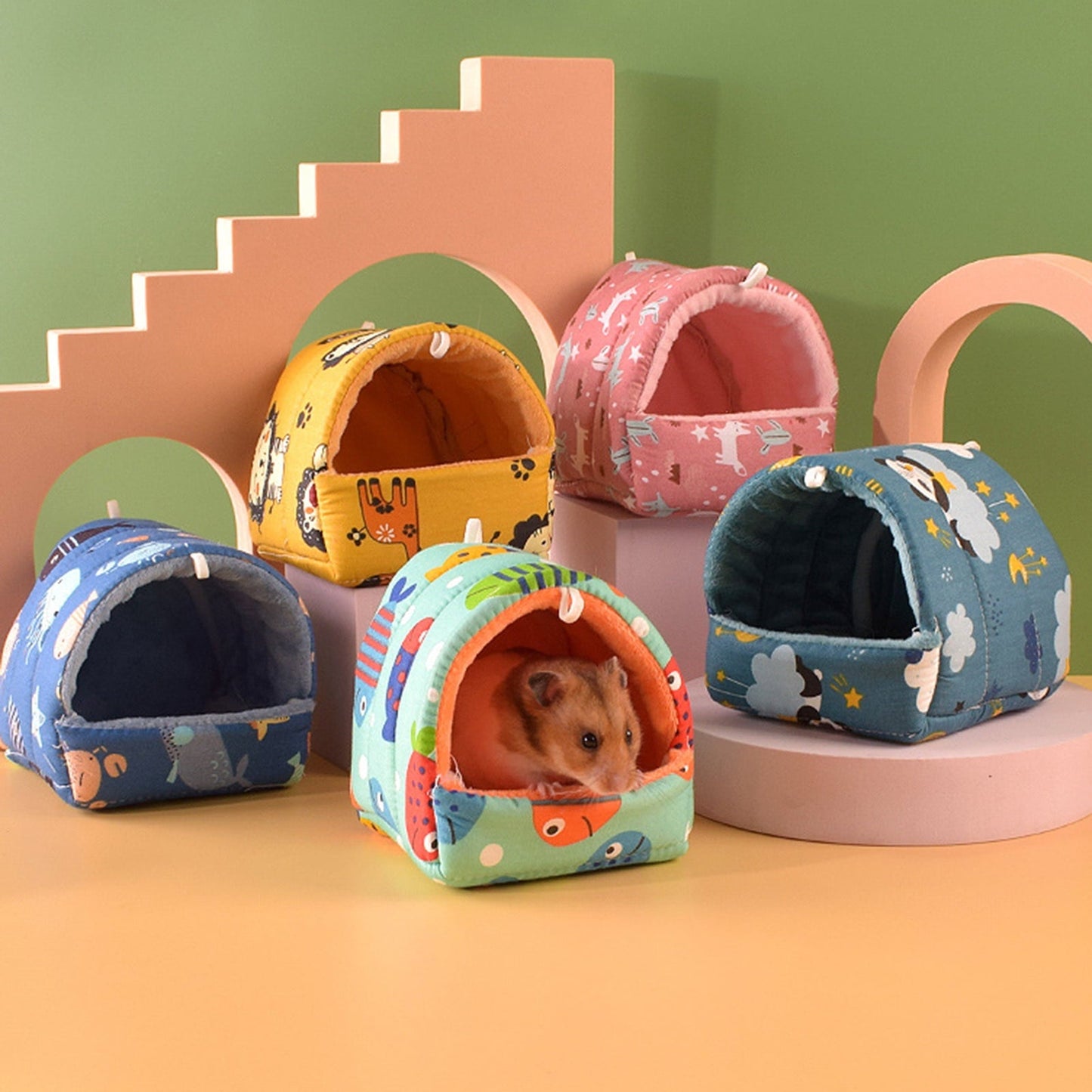 Yirtree Cartoon Pattern Guinea Pig Cave House Bed, Rabbit Squirrel Chinchilla Hamster Hedgehog Nest Hideout, Small Animals Cage Warm Supplies, Machine Washable M Pink Fox