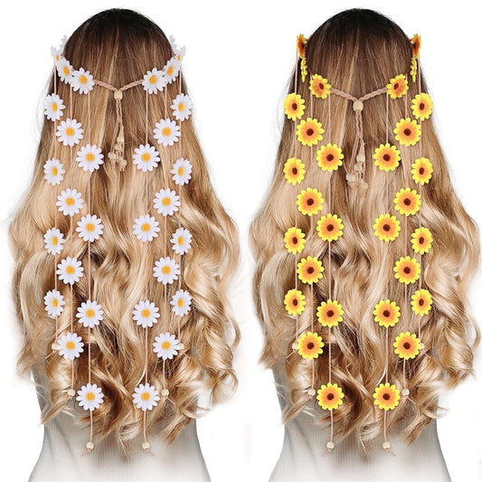 Tutuviw Sunflower Headband, 2 Pcs Adjustable Headband or Crown, Hair Accessories, Costume Headwear for Women and People Attending Special Occasions, Wedding Party, Multicolor White, Yellow