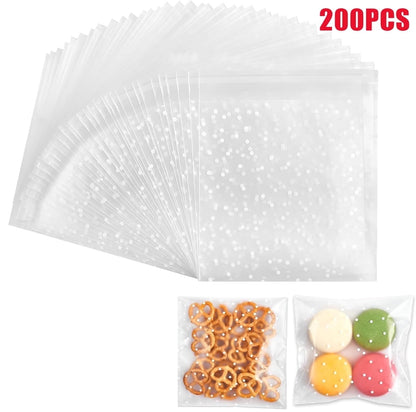 QZS 200 Pcs Self Sealing Cellophane Bags, Clear Cookie Bags, Individual Wrappers Treat bags for Packaging Cookies, Biscuit, Candy, Gift Giving (White Polka Dot, 2.2x2.2inches)
